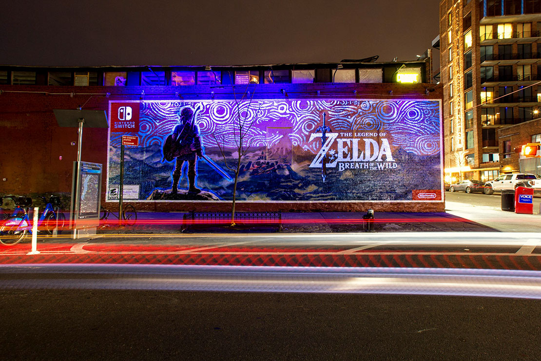 Nintendo mural glows at night